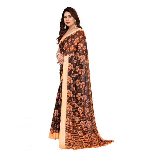 Women's Georgette Printed Saree With Unstitched Blouse 5.5Mtr (Brown)