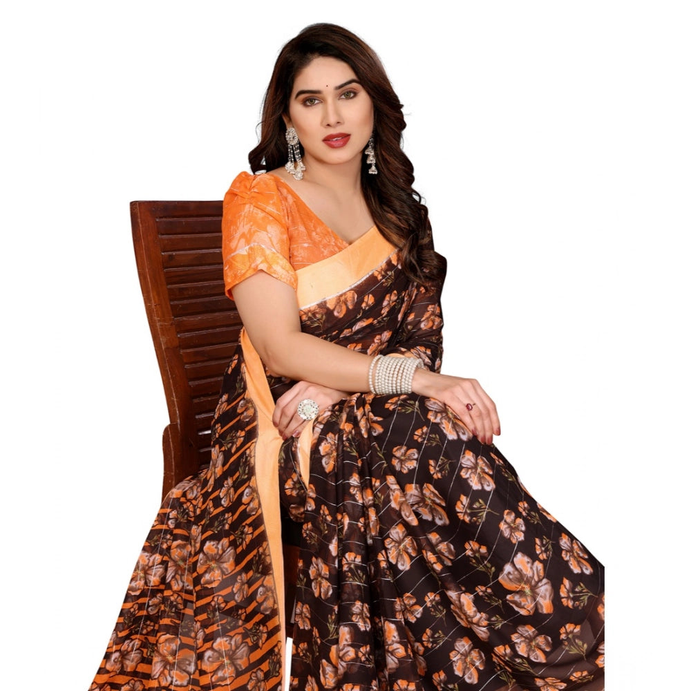 Women's Georgette Printed Saree With Unstitched Blouse 5.5Mtr (Brown)
