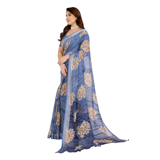 Women's Georgette Printed Saree With Unstitched Blouse 5.5Mtr (Blue)