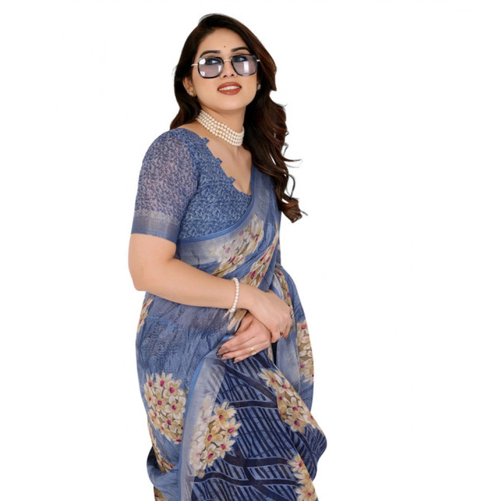 Women's Georgette Printed Saree With Unstitched Blouse 5.5Mtr (Blue)