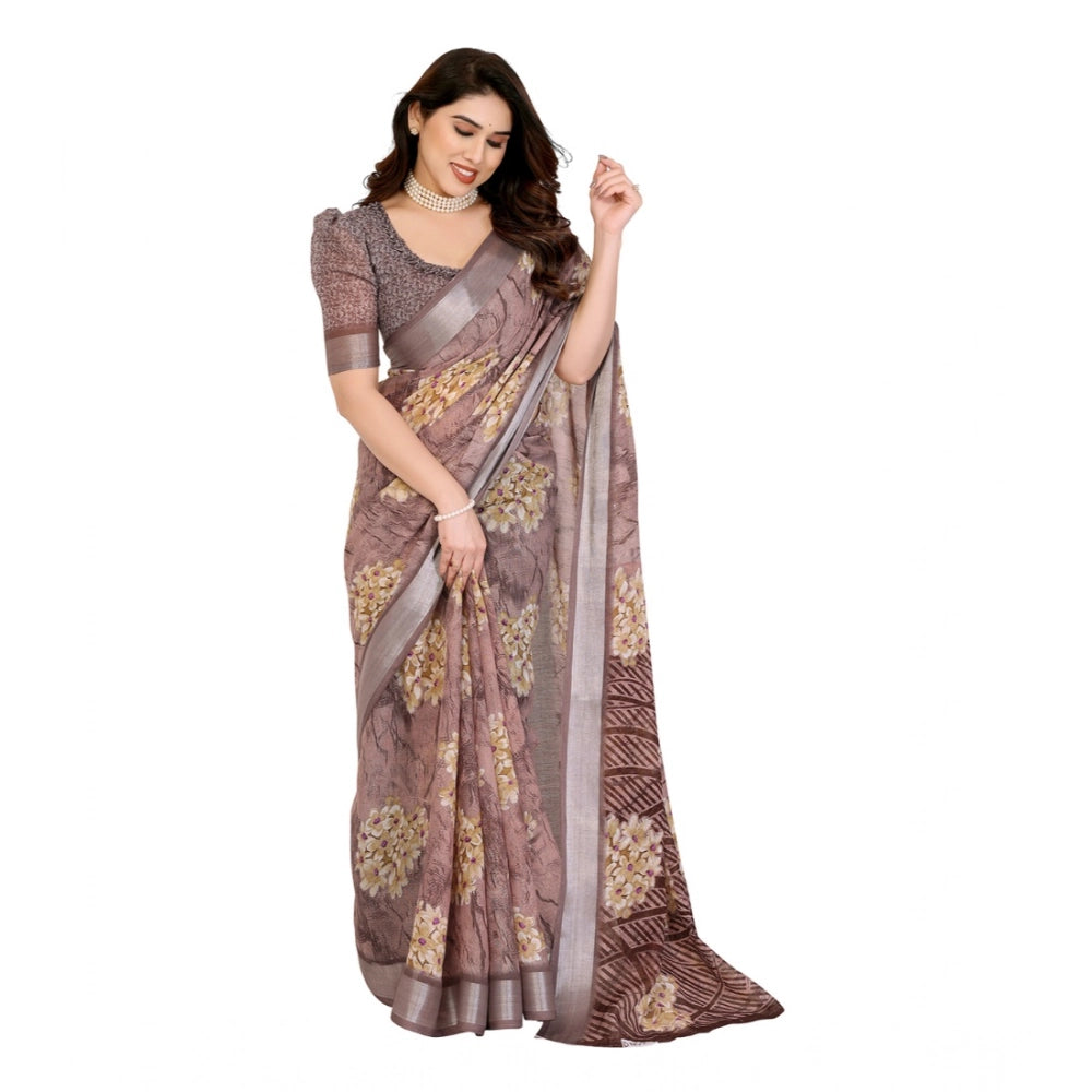 Women's Georgette Printed Saree With Unstitched Blouse 5.5Mtr (Brown)
