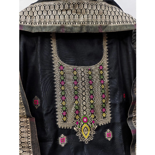 Generic Women's Banarasi Silk Printed Unstitched Salwar Suit Material With Dupatta (Black, 3Mtrs)