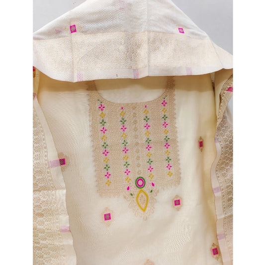 Generic Women's Banarasi Silk Printed Unstitched Salwar Suit Material With Dupatta (White, 3Mtrs)