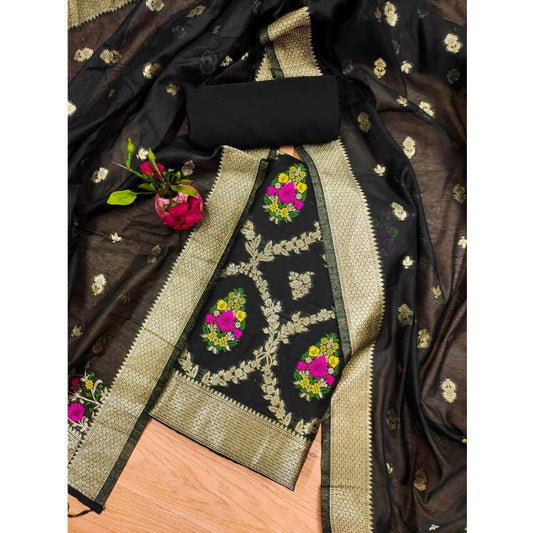 Generic Women's Banarasi Silk Printed Unstitched Salwar Suit Material With Dupatta (Black, 3Mtrs)