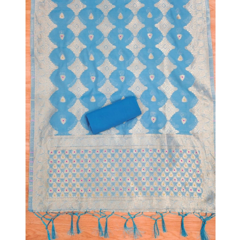 Generic Women's Banarasi Silk Printed Unstitched Salwar Suit Material With Dupatta (Sky Blue, 3Mtrs)