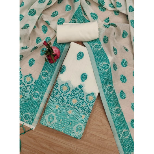 Generic Women's Banarasi Silk Printed Unstitched Salwar Suit Material With Dupatta (Teal, 3Mtrs)