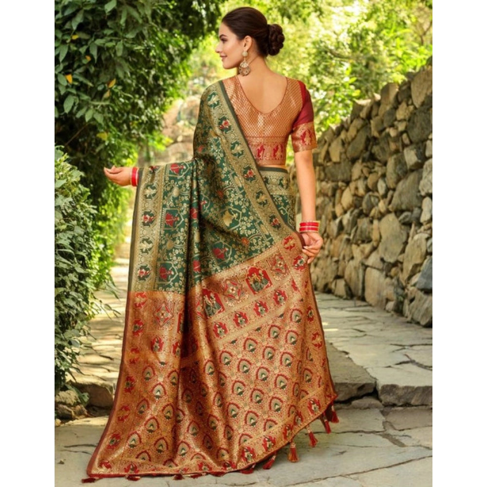 Women's Silk Blend Woven Paithani Saree With Unstitched Blouse 5.5Mtr (Green)