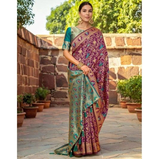 Women's Silk Blend Woven Paithani Saree With Unstitched Blouse 5.5Mtr (Purple)