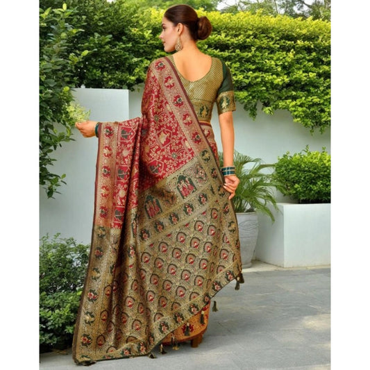 Women's Silk Blend Woven Paithani Saree With Unstitched Blouse 5.5Mtr (Red)