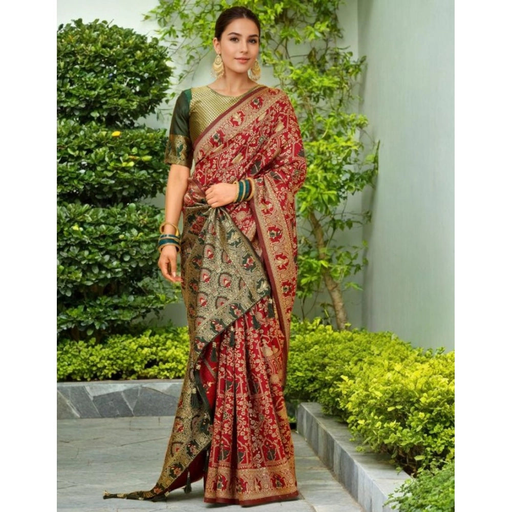 Women's Silk Blend Woven Paithani Saree With Unstitched Blouse 5.5Mtr (Red)
