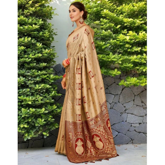 Women's Silk Blend Woven Zari Work Saree With Unstitched Blouse 5.5Mtr (Beige)