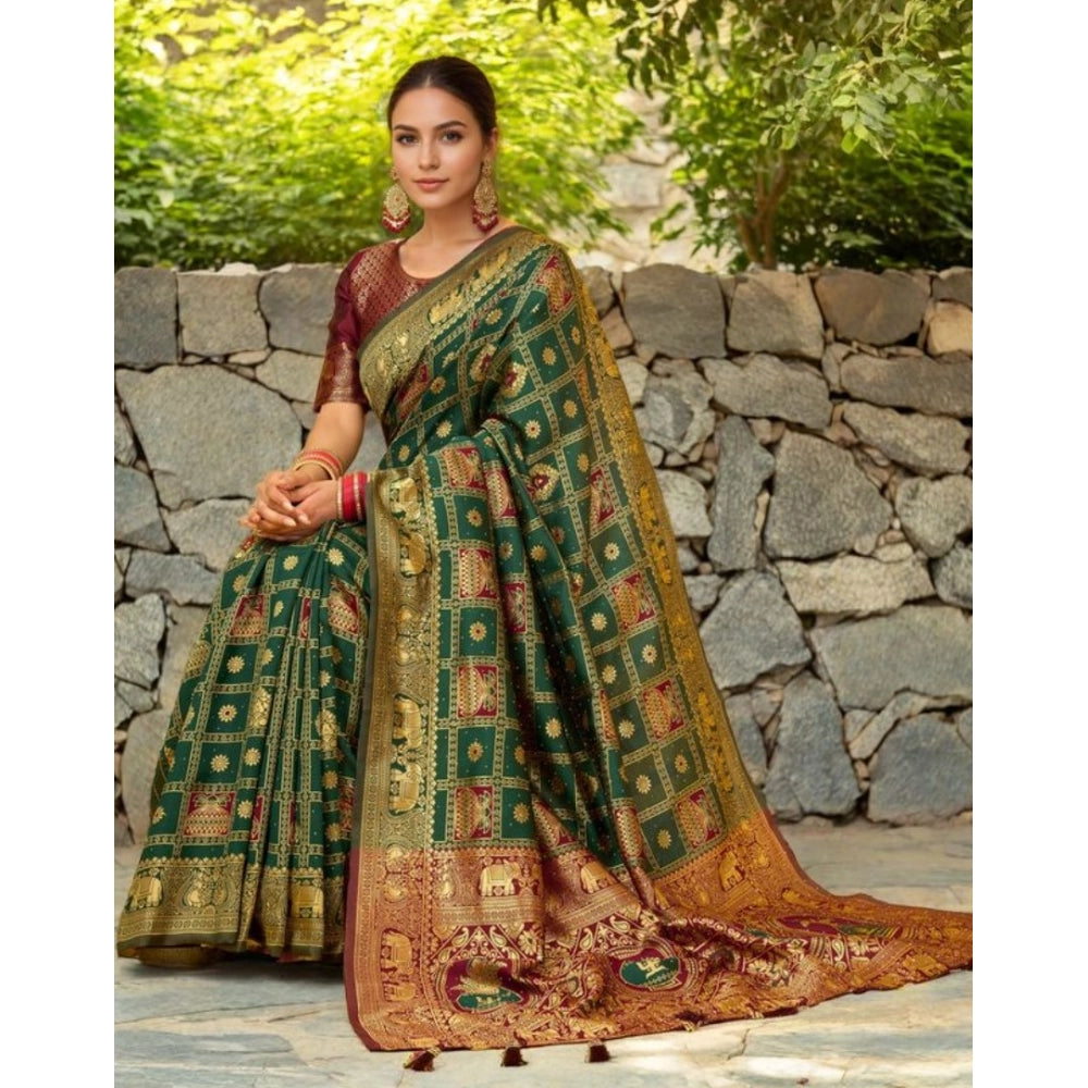 Women's Silk Blend Woven Zari Work Saree With Unstitched Blouse 5.5Mtr (Green)