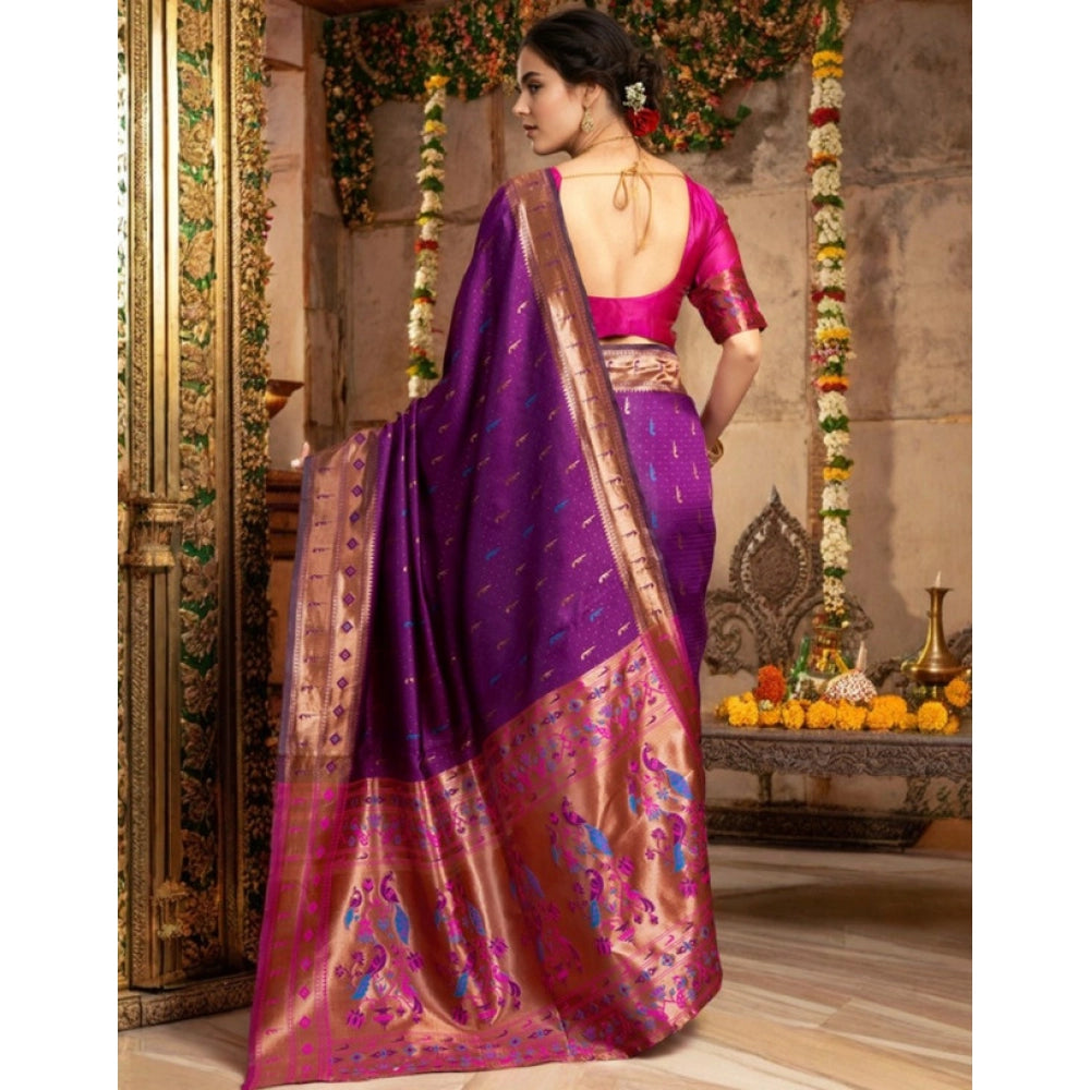 Women's Silk Blend Zari Woven Saree With Unstitched Blouse 5.5Mtr (Purple)