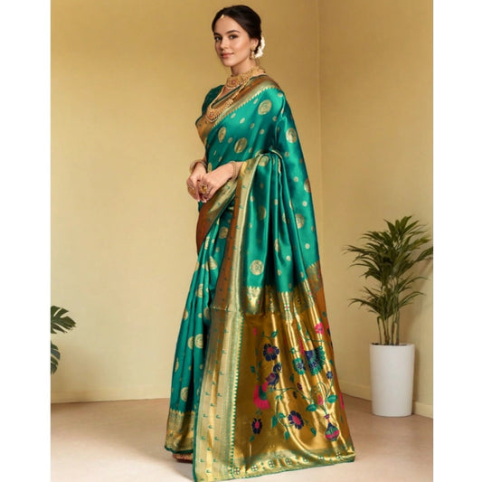Women's Silk Blend Paithani Saree With Unstitched Blouse 5.5Mtr (Green)