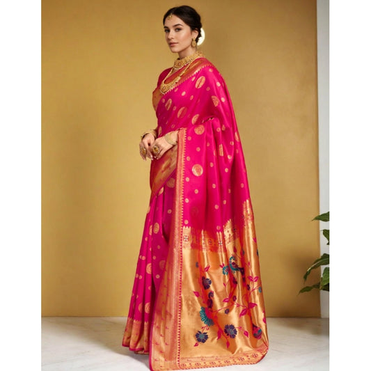 Women's Silk Blend Paithani Saree With Unstitched Blouse 5.5Mtr (Pink)
