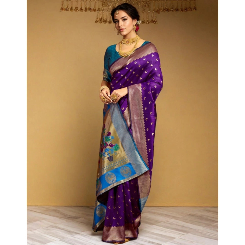 Women's Silk Blend Zari Woven Saree With Unstitched Blouse 5.5Mtr (Purple)