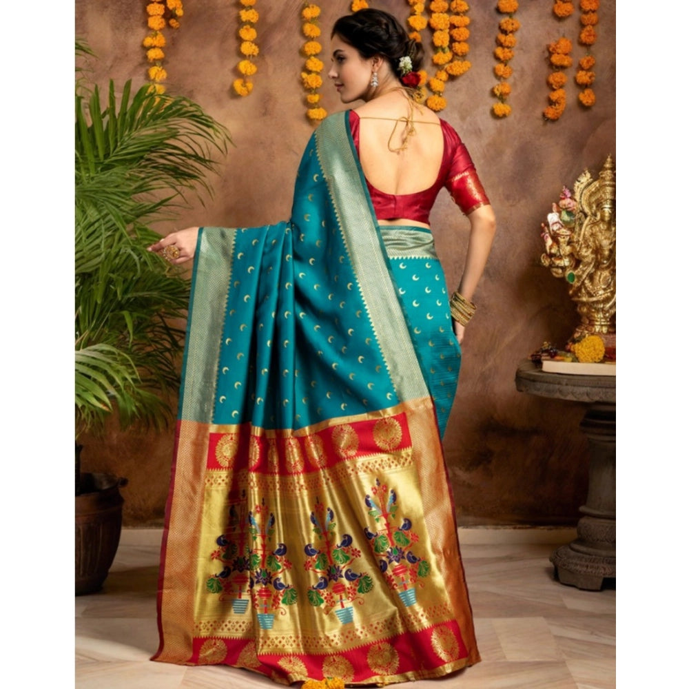 Women's Silk Blend Zari Woven Saree With Unstitched Blouse 5.5Mtr (Rama)