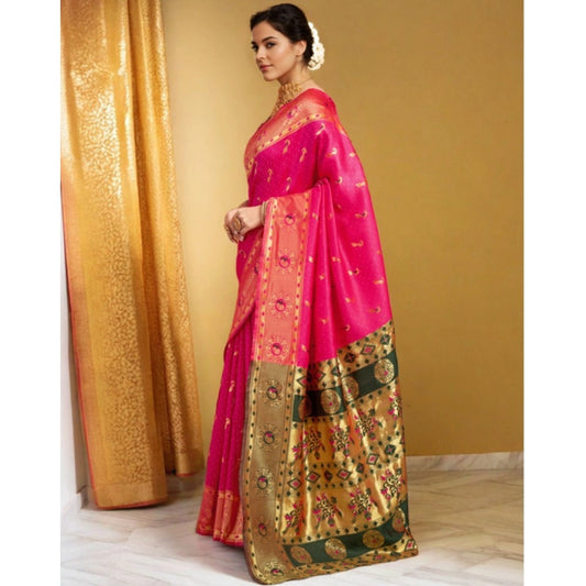 Women's Silk Blend Zari Weaving Saree With Unstitched Blouse 5.5Mtr (Pink)