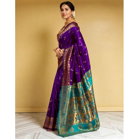 Women's Silk Blend Zari Weaving Saree With Unstitched Blouse 5.5Mtr (Purple)