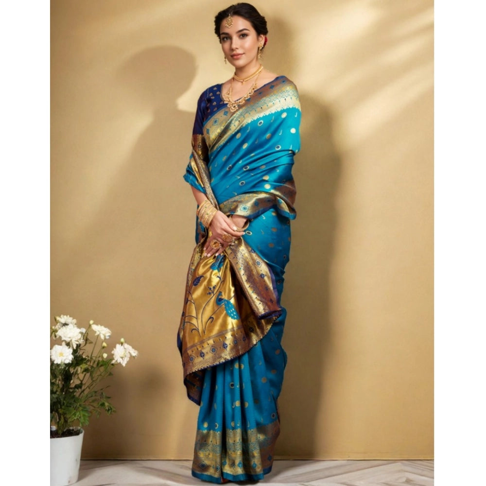 Women's Silk Blend Zari Weaving Saree With Unstitched Blouse 5.5Mtr (Aqua)