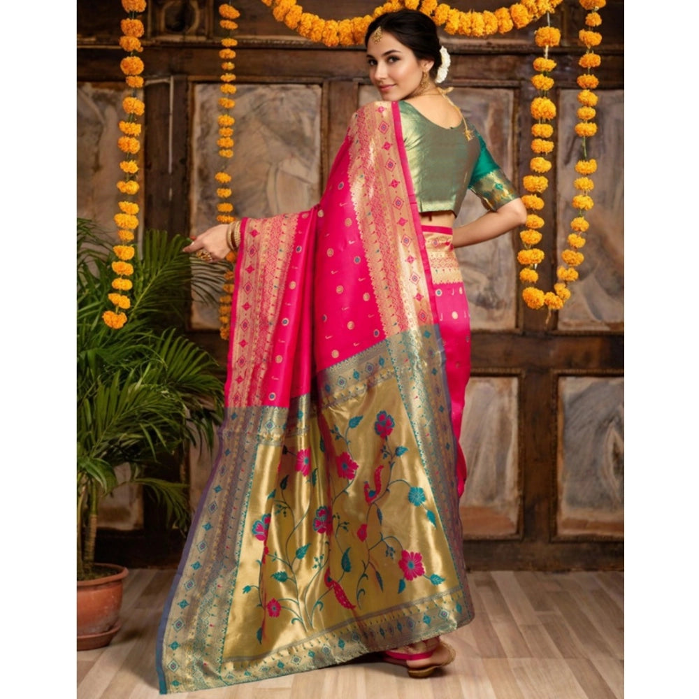 Women's Silk Blend Zari Weaving Saree With Unstitched Blouse 5.5Mtr (Pink)