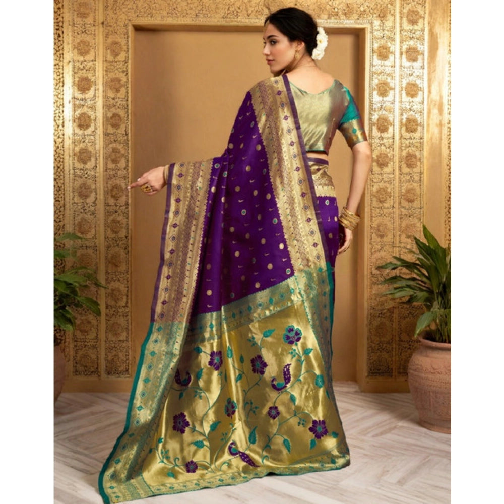 Women's Silk Blend Zari Weaving Saree With Unstitched Blouse 5.5Mtr (Purple)