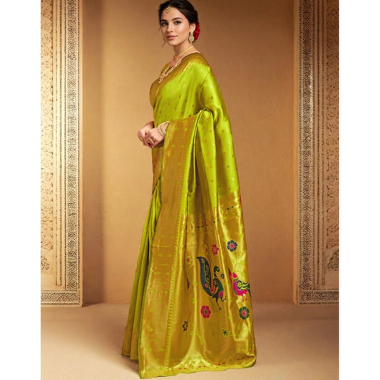 Women's Silk Blend Zari Weaving Saree With Unstitched Blouse 5.5Mtr (Lime-Green)