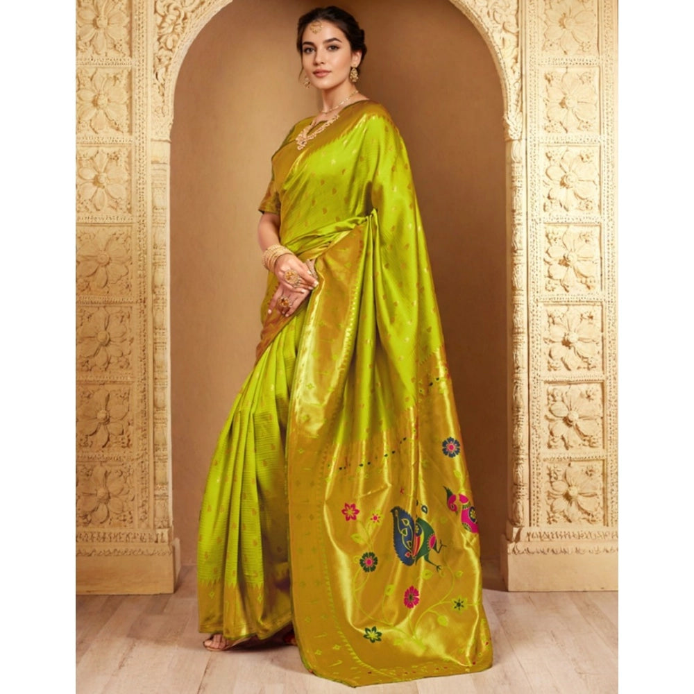 Women's Silk Blend Zari Weaving Saree With Unstitched Blouse 5.5Mtr (Lime-Green)