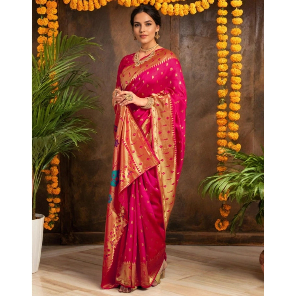 Women's Silk Blend Zari Weaving Saree With Unstitched Blouse 5.5Mtr (Pink)