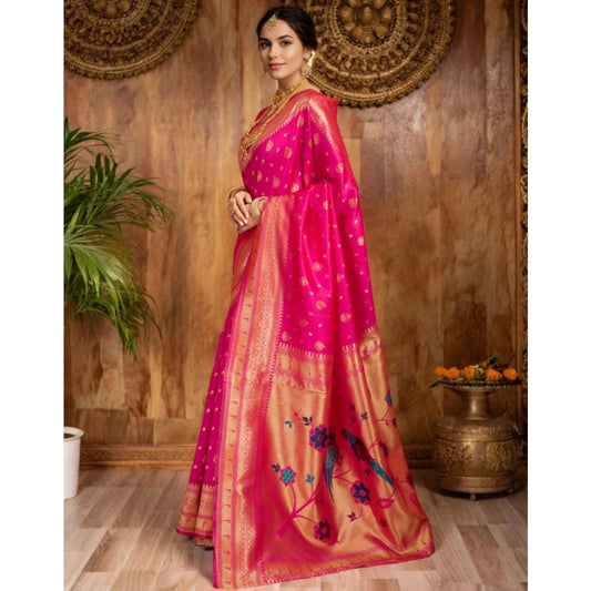 Women's Silk Blend Zari Weaving Saree With Unstitched Blouse 5.5Mtr (Pink)