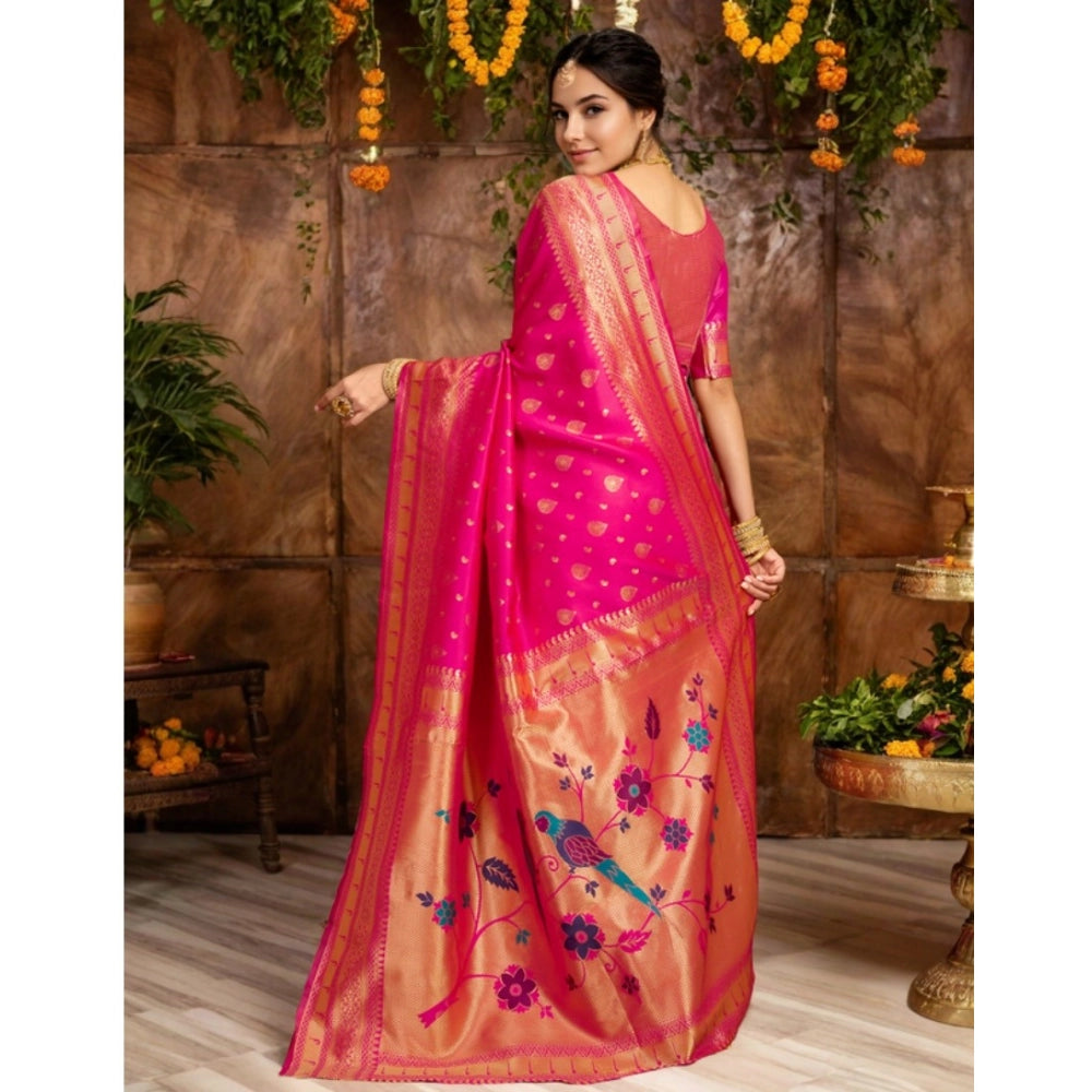 Women's Silk Blend Zari Weaving Saree With Unstitched Blouse 5.5Mtr (Pink)