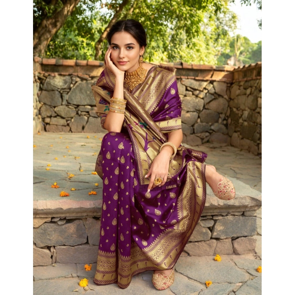 Women's Silk Blend Zari Weaving Saree With Unstitched Blouse 5.5Mtr (Purple)
