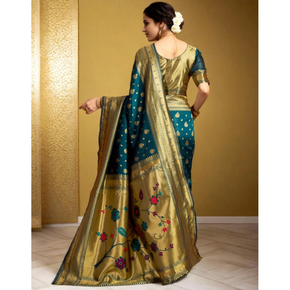 Women's Silk Blend Zari Weaving Saree With Unstitched Blouse 5.5Mtr (Teal)