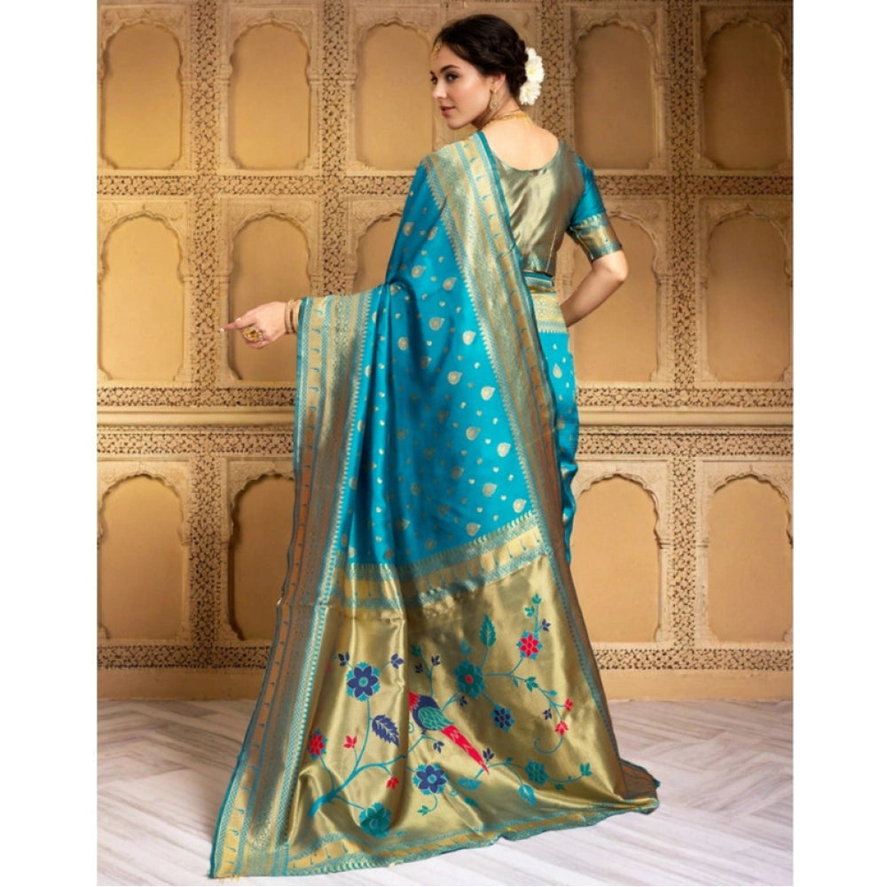 Women's Silk Blend Zari Weaving Saree With Unstitched Blouse 5.5Mtr (Turquoise)