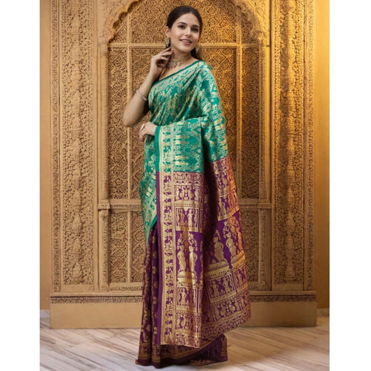 Women's Silk Blend Zari Weaving Saree With Unstitched Blouse 5.5Mtr (Light Green)