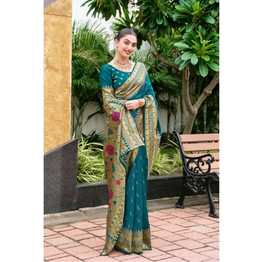 Women's Silk Blend Paithani Weaving Saree With Unstitched Blouse 5.5Mtr (Teal)