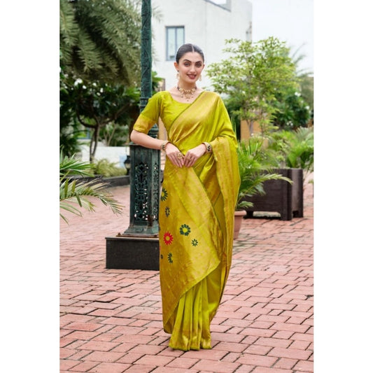 Women's Silk Blend Zari Woven Saree With Unstitched Blouse 5.5Mtr (Lime Green)