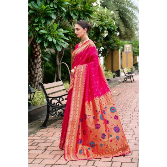 Women's Silk Blend Zari Woven Saree With Unstitched Blouse 5.5Mtr (Pink)