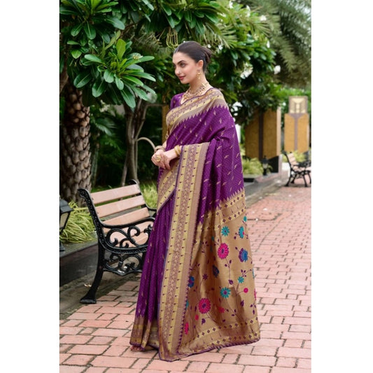 Women's Silk Blend Zari Woven Saree With Unstitched Blouse 5.5Mtr (Purple)