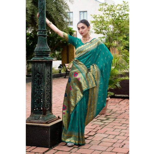 Women's Silk Blend Zari Woven Saree With Unstitched Blouse 5.5Mtr (Teal)