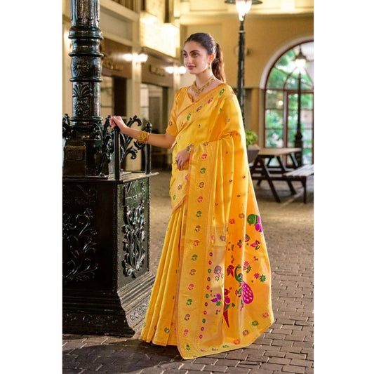 Women's Silk Blend Paithani Weaving Saree With Unstitched Blouse 5.5Mtr (Mustard)