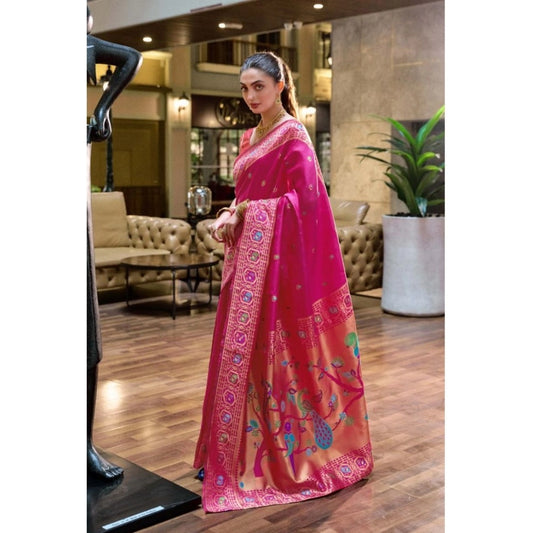 Women's Silk Blend Paithani Weaving Saree With Unstitched Blouse 5.5Mtr (Pink)