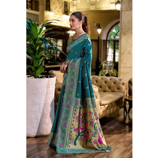 Women's Silk Blend Paithani Weaving Saree With Unstitched Blouse 5.5Mtr (Teal)