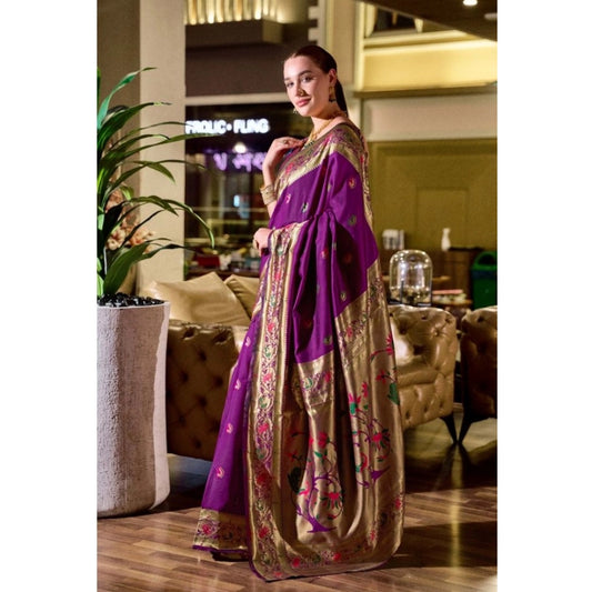 Women's Silk Blend Zari Woven Saree With Unstitched Blouse 5.5Mtr (Purple)