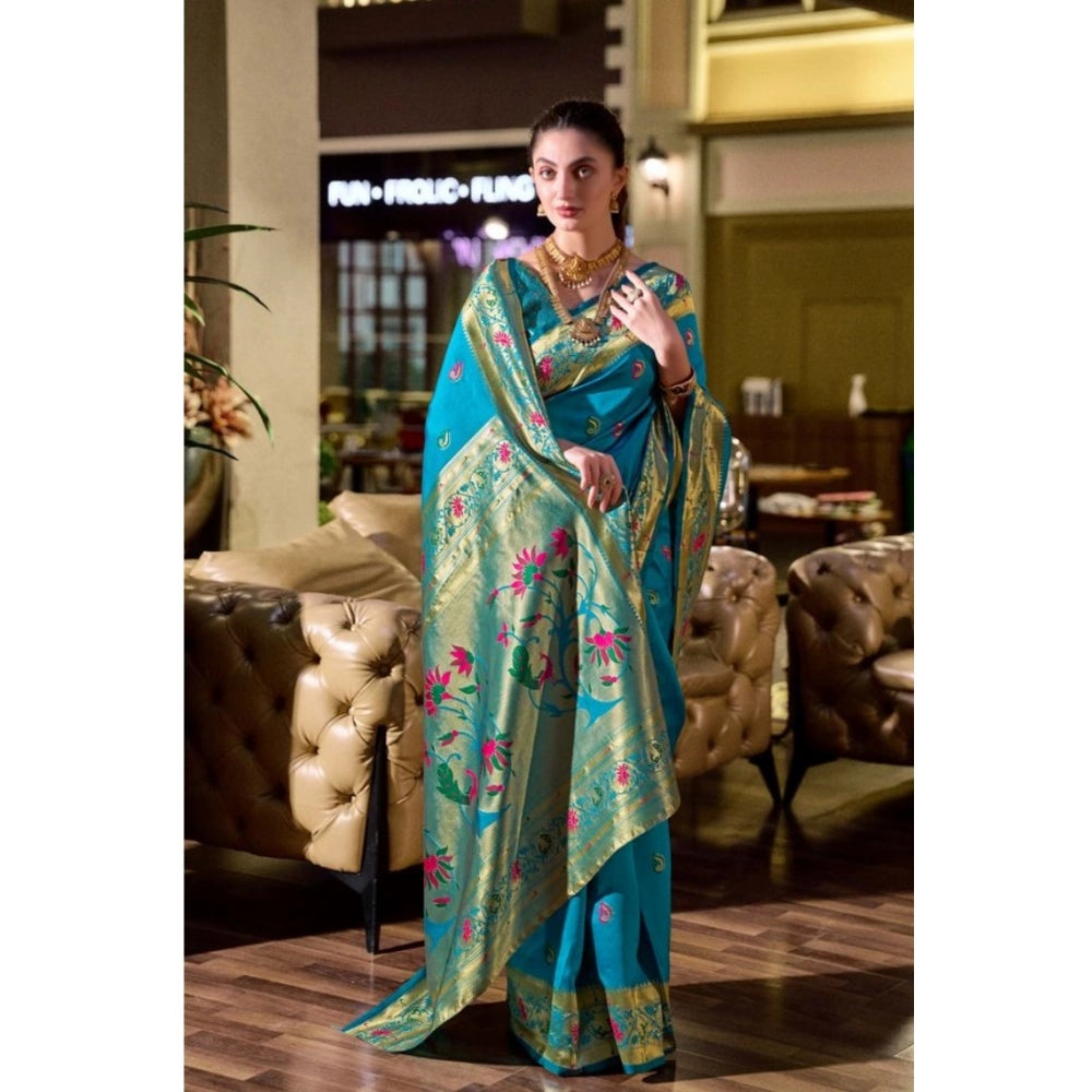 Women's Silk Blend Zari Woven Saree With Unstitched Blouse 5.5Mtr (Turquoise)