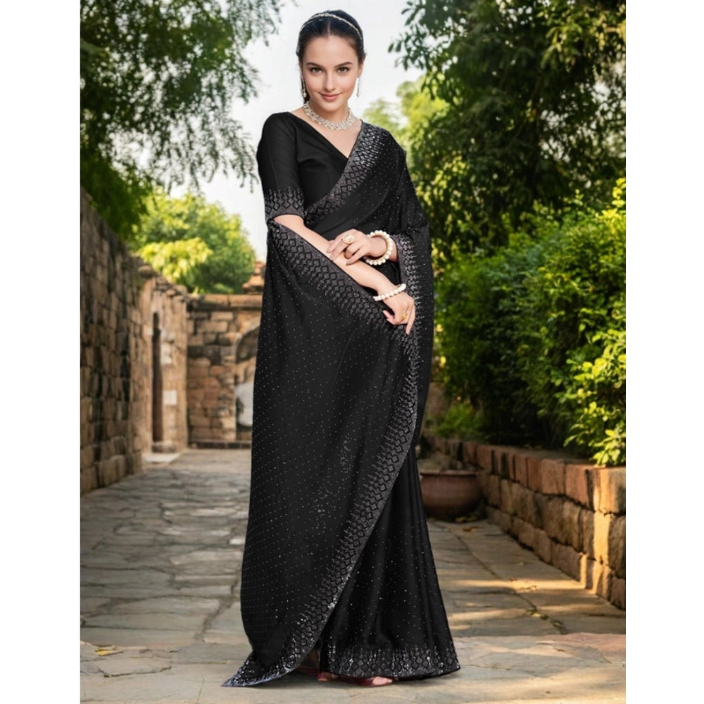 Women's Rangoli Diamond Weaving - Stone Work Saree With Unstitched Blouse 5.5Mtr (Black)