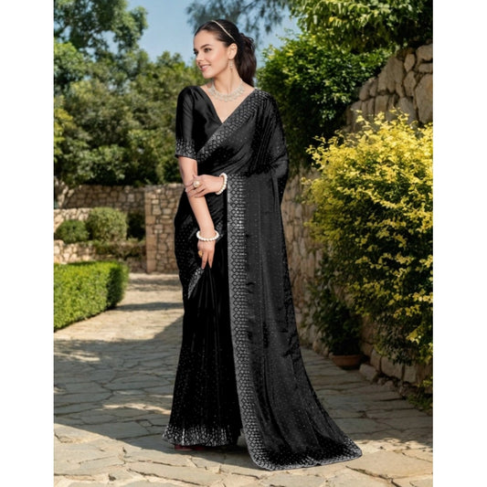 Women's Rangoli Diamond Weaving - Stone Work Saree With Unstitched Blouse 5.5Mtr (Black)