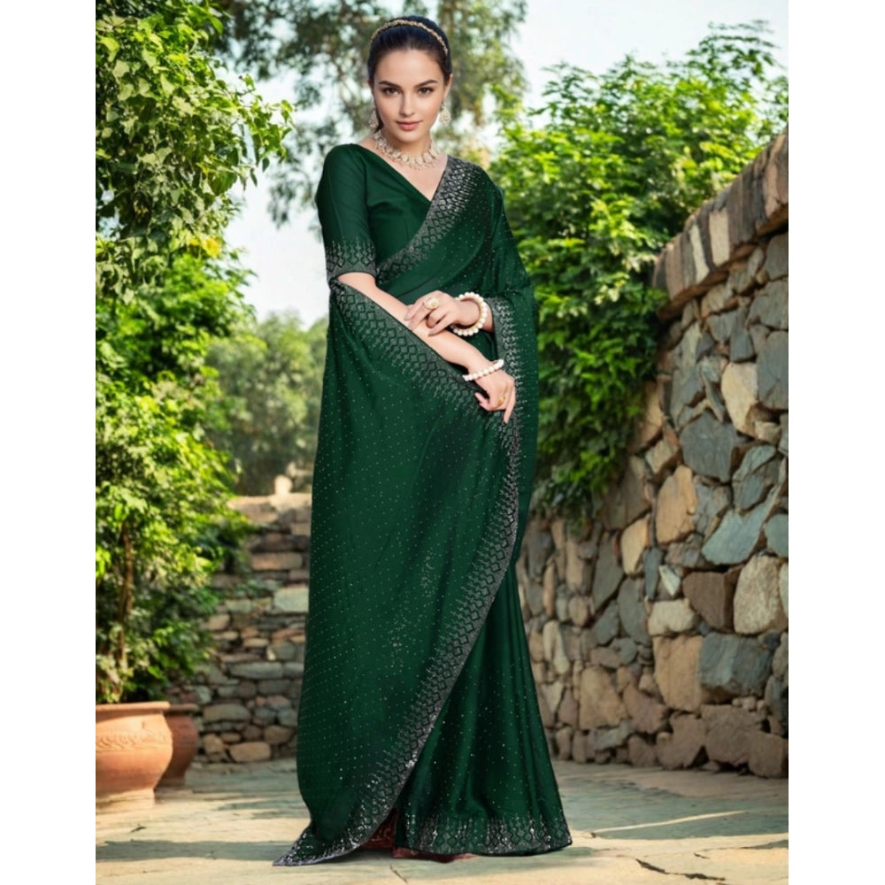 Women's Rangoli Diamond Weaving - Stone Work Saree With Unstitched Blouse 5.5Mtr (Green)