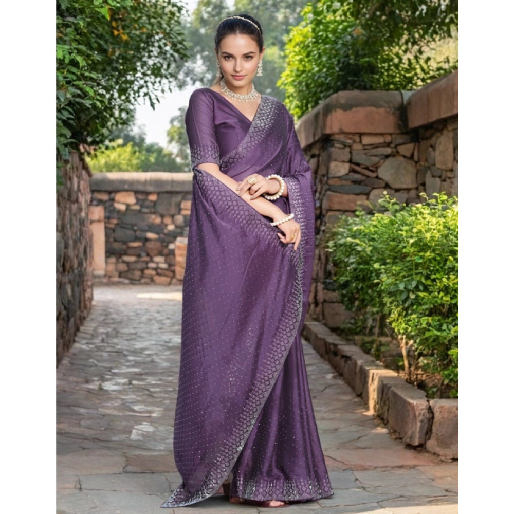 Women's Rangoli Diamond Weaving - Stone Work Saree With Unstitched Blouse 5.5Mtr (Lavender)