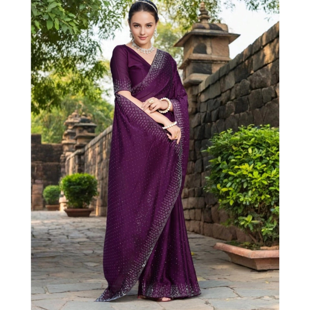 Women's Rangoli Diamond Weaving - Stone Work Saree With Unstitched Blouse 5.5Mtr (Purple)